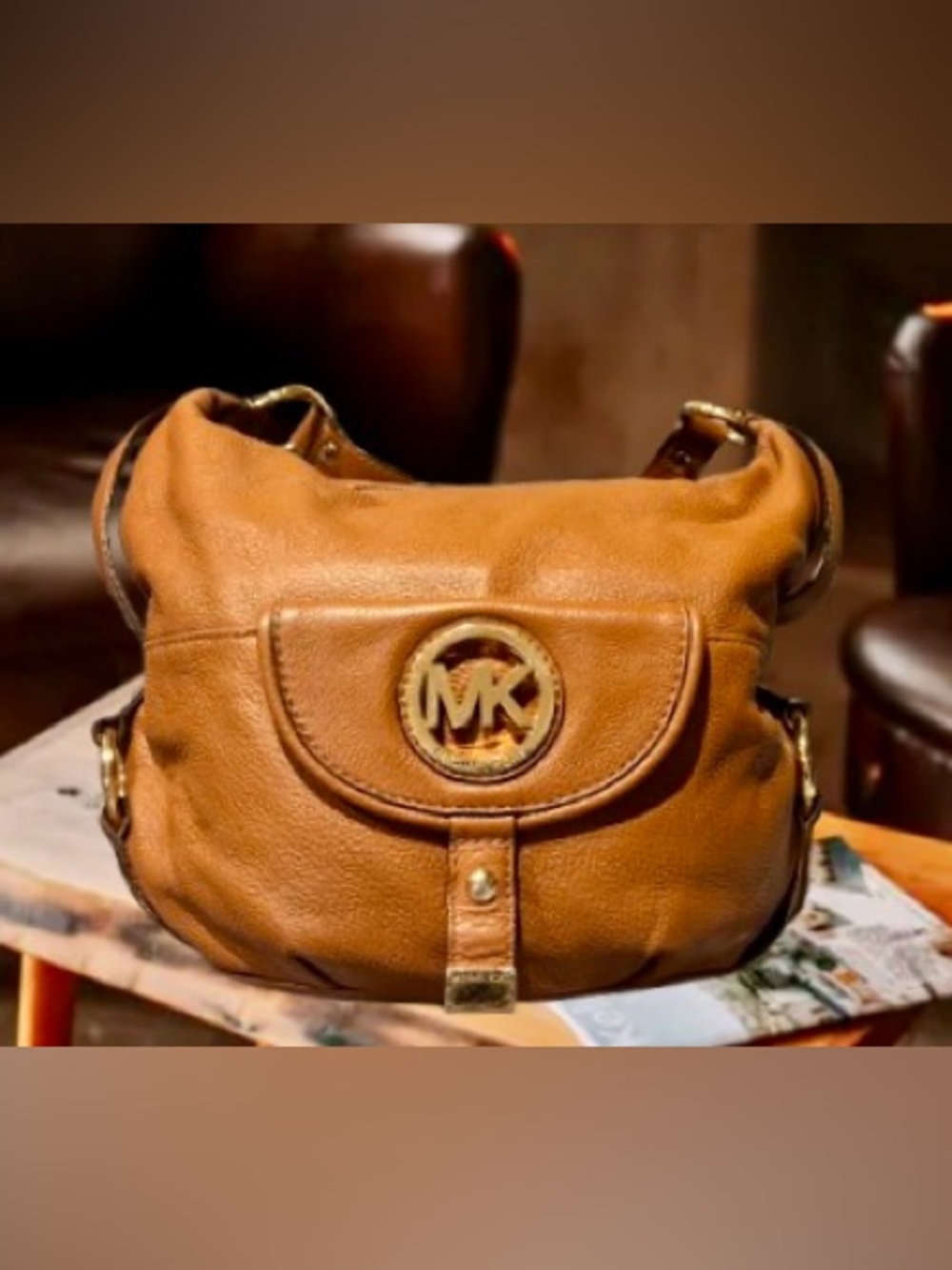 Michael Kors Cognac Leather Shoulder Bag with Gold Logo